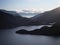 Panorama view of mountain lake nature landscape on Benmore Peninsula and Waitaki River in Canterbury New Zealand