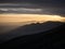 Panorama view of mountain range silhouette layers haze dust fog clouds at Misti volcano Arequipa Peru Andes