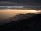 Panorama view of mountain range silhouette layers haze dust fog clouds at Misti volcano Arequipa Peru Andes