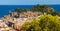 Panorama view of the old town of Tossa de mar, city on the Costa Brava. Buildings and castle on the hill. Amazing city in