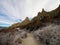 Panorama view of Omarama Clay Cliffs geological natural erosion silt and sand rock formation in Canterbury New Zealand