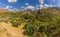 A panorama view from the outskirts of Monachil towards the Sierra Nevada mountains, Spain