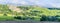 A panorama view over farmland in the River Ribble Valley near Settle, Yorkshire