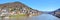 Panorama view over Neckar river with old historical buildings and Odenwald Mountain range over Heidelberg in Germany