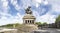 Panorama view over the plaza at the German corner/ Deutsches Eck, people visit the monument of Kaiser Wilhelm