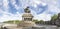 Panorama view over the plaza at the German corner/ Deutsches Eck, people visit the monument of Kaiser Wilhelm