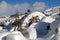Panorama view from Passo Falzarego with Cinque Torri and snow Trentino Dolomites Italy
