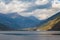 Panorama view of Poschiavo lake and Swiss Alps in Grisons, Switzerland