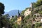Panorama view of Powder Tower above Merano, villa mansions and mountains in South Tyrol, Italy