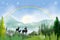 Panorama view of rainbow with morning light shining in forest foliage,Beautiful spring landscape with mystical forest pine tree
