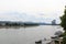 Panorama view of river Rhine Rhein with ships and mountains in Bonn, Germany