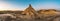 Panorama view of the rock formations during sunset in the desert of Las Bardenas Reales, Spain