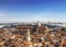 Panorama view of the roofs of Venice from the top of the St Mark`s bell tower San Marco Campanile of St. Mark`s Basilica in Veni