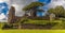 A panorama view of the ruins of the castle at Laugharne, Wales