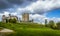 A panorama view of the ruins of the motte and bailey castle at Conisbrough, UK