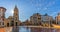 Panorama view of the San Salvador Cathedral and square in the historic city center of Oviedo with a sunburst