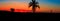 Panorama view silhouette coconut tree in sunset on sky beautiful colorful landscape and city countryside twilight time art of natu