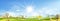 Panorama view of spring village, green meadow on hills, blue sky and sun,Vector cartoon Spring or Summer landscape,Panoramic