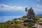 A panorama view from the summit of Raudmelen peak overlooking the town of Balestrand, Norway and Sognefjorden during a summer