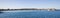 Panorama view of Sydney Bondi Beach NSW Australia. White Sandy Beach, turquoise blue water and surfing waves