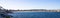 Panorama view of Sydney Bondi Beach NSW Australia. White Sandy Beach, turquoise blue water and surfing waves