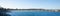 Panorama view of Sydney Bondi Beach NSW Australia. White Sandy Beach, turquoise blue water and surfing waves