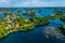 Panorama view of Trakai castle and village at Galve lake in Lith