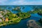 Panorama view of Trakai castle and village at Galve lake in Lith