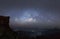 Panorama view universe space shot of milky way galaxy with stars on a night sky and mountain in background