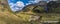 A panorama view from the upper reaches of the valley wall towards the Steall Waterfall in Glen Nevis, Scotland