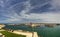 Panorama view on Valletta Grand harbor from the historic Upper Barraka garden area in Malta with historic line of cannons