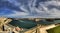 Panorama view on Valletta Grand harbor from the historic Upper Barraka garden area in Malta with historic line of cannons