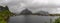 Panorama view of the village of Moskenes on the Lofoten Islands in Norway on a cloudy and rainy day