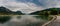 Panorama view Walensee Lake and Weesen Harbor in summer with visiting tourists and a view