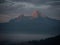 Panorama view of Watzmann alpine mountain range alpenglow from Marxenhoehe Berchtesgaden Upper Bavaria Germany alps