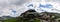 Panorama view of the whitwashed Andalusian village of Zahara de la Sierra and its Moorish Castle on the hilltop