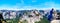 Panorama view of Yosemite Valley and the Sierra Nevada Mountains with the famous Half Dome rock formation on the right