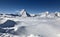 panorama view Zermatt Matterhorn gornergrat emerging from sea of clouds fog perfect sky