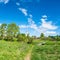Panorama of the village of Mikhailovskoye in a Sunny spring day.