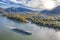 Panorama of Wachau with ship on Danube river near the Weissenkirchen village in Lower Austria