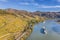 Panorama of Wachau with ships on Danube river near the Weissenkirchen village in Lower Austria