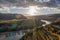 Panorama of Wachau valley with autumn vineyards against Danube river near the Durnstein village in Lower Austria, Austria