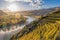 Panorama of Wachau valley with autumn vineyards against Danube river near the Durnstein village in Lower Austria, Austria