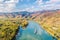 Panorama of Wachau valley with ship on Danube river during autumn in Austria