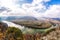 Panorama of Wachau valley with ship on Danube river during autumn in Austria, UNESCO