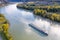 Panorama of Wachau valley (UNESCO) with ship on Danube river near the Durnstein village in Lower Austria, Austria