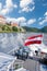 Panorama of Wachau valley Unesco world heritage site with ship on Danube river against Durnstein village in Lower Austria,