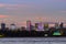 Panorama of Warsaw skyline during sunset