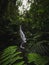 Panorama of waterfall cascade in tropical rain cloud forest Mindo valley jungle Nambillo Ecuador andes South America