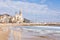 Panorama of the waterfront of Sitges with church, Spain